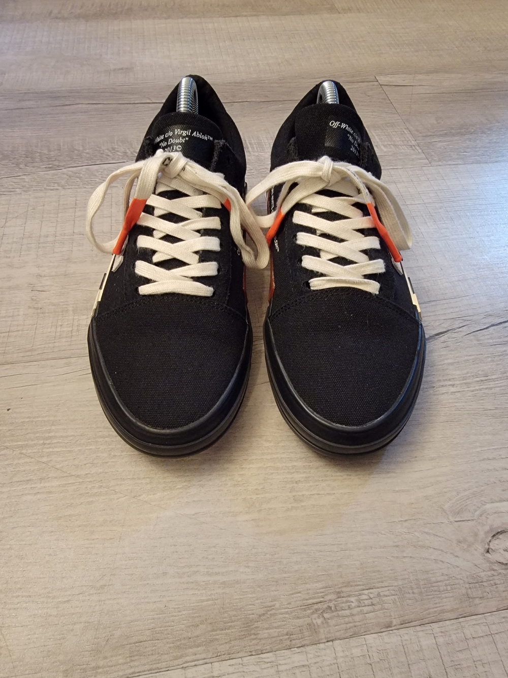 Off-White Black Canvas Low-Top Sneakers with Cream Laces and Orange Tabs